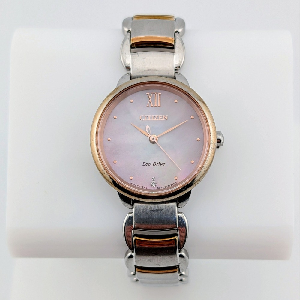 Citizen L Series Eco-Drive Pink MOP Diamond Sapphire Two Tone Ladies Watch 28mm